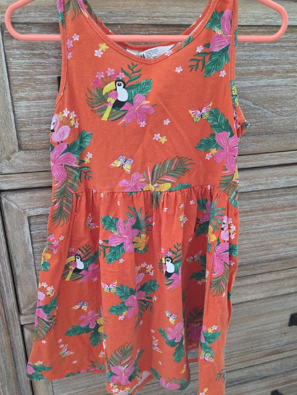 H&M Orange Tropical Toucan Sundress with Pink Floral Accents